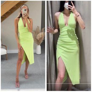 ZARA NWT DRAPED PISTACHIO HALTER SPLIT THIGH DRESS -  Bloggers Fav